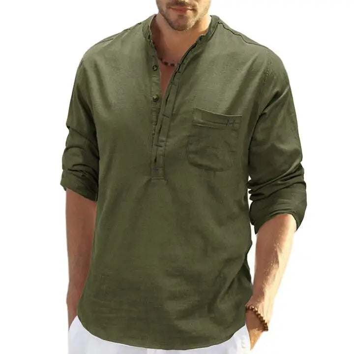 Wholesale Long Sleeved Henry Neck Top Loose Men's Linen Shirt Solid Color Autumn Shirt for Male