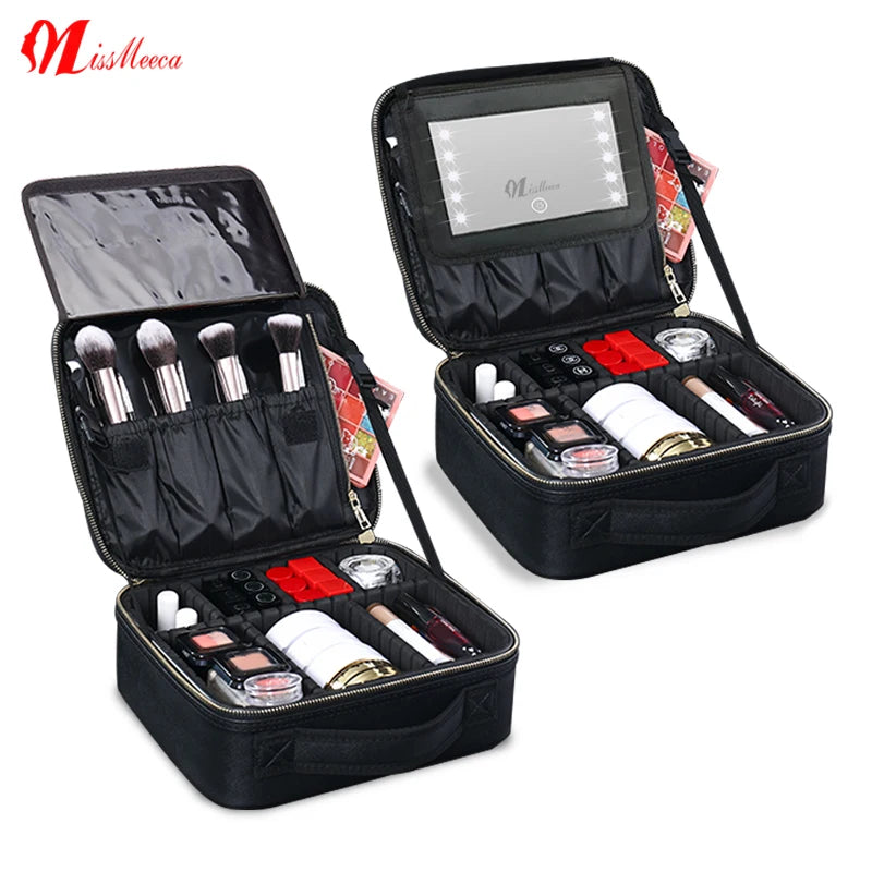 Missmeeca 2023 Hot Selling Travel Bag Storage Box Led Organizer Toiletry Women Stylist and Case Light Makeup Mirror