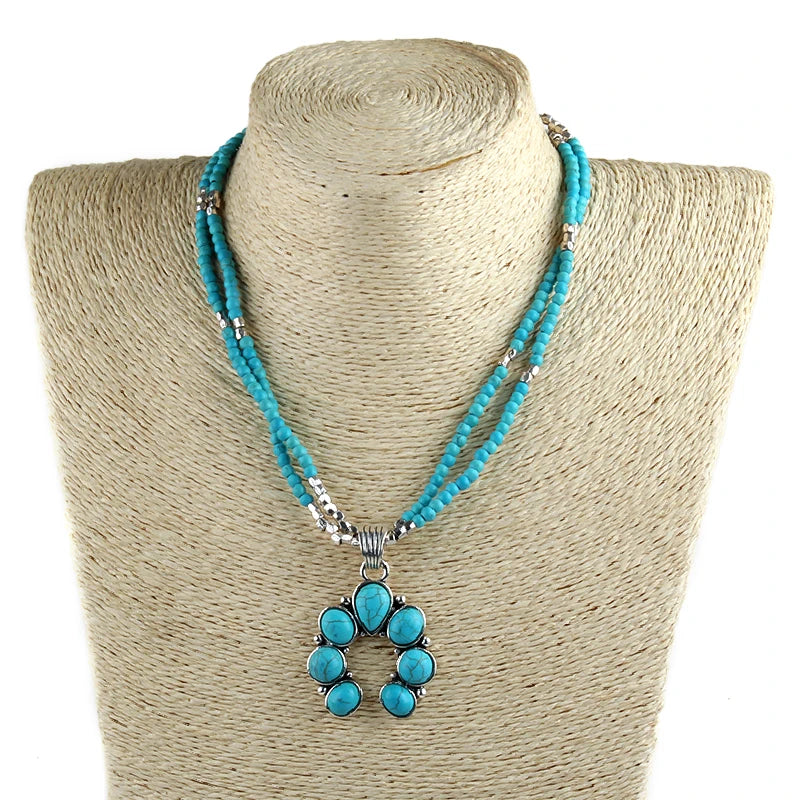 Fashion Women Lariat Necklace Metal square Beads 4mm Turquoise Stone Double Row Horseshoe Moon Pendant Necklace Western Jewelry
