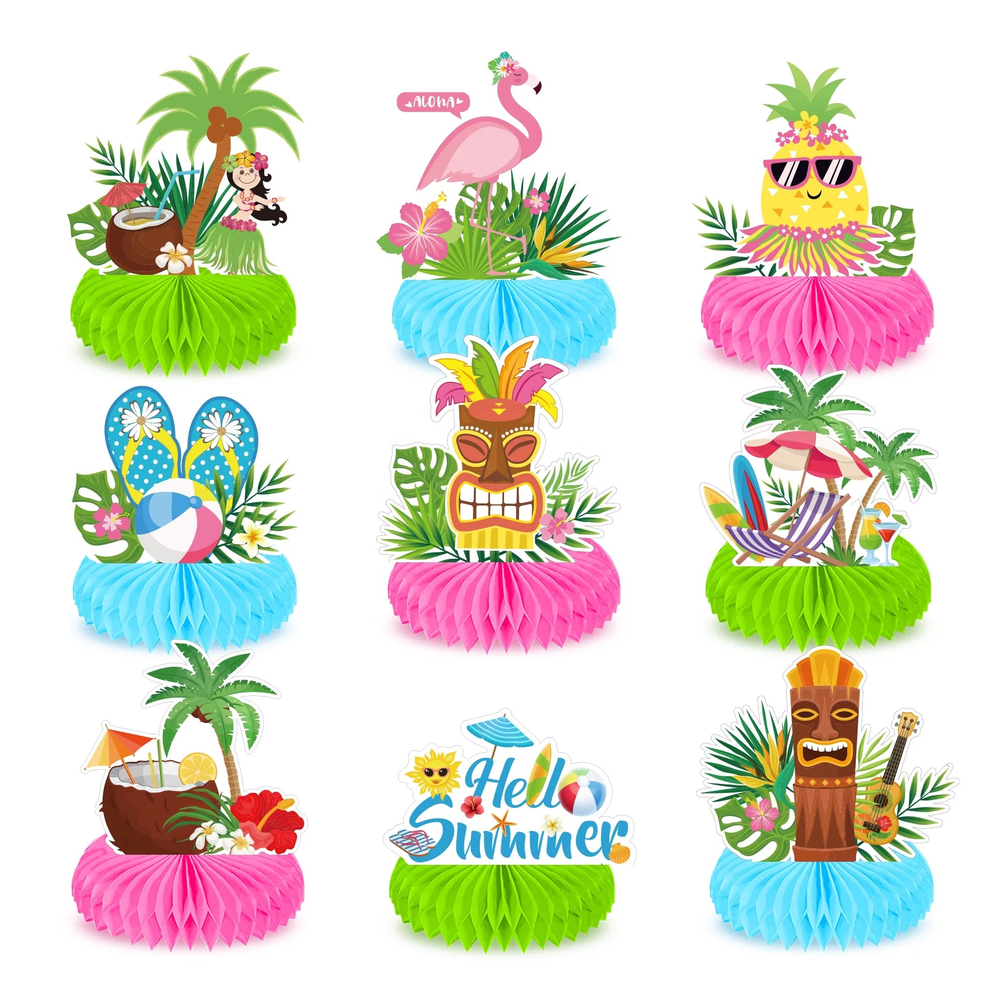 Huancai Hawaiian Luau Flamingo Honeycomb Table Centerpieces Toppers Table Decorations 9 Pcs for Tropical Hawaii Party Supplies