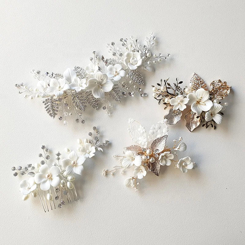 2023 New Bridal Hair Accessories Trends Ceramic Flower Headpiece Wedding Hair Clip Comb for Women Bride Jewelry Headdress