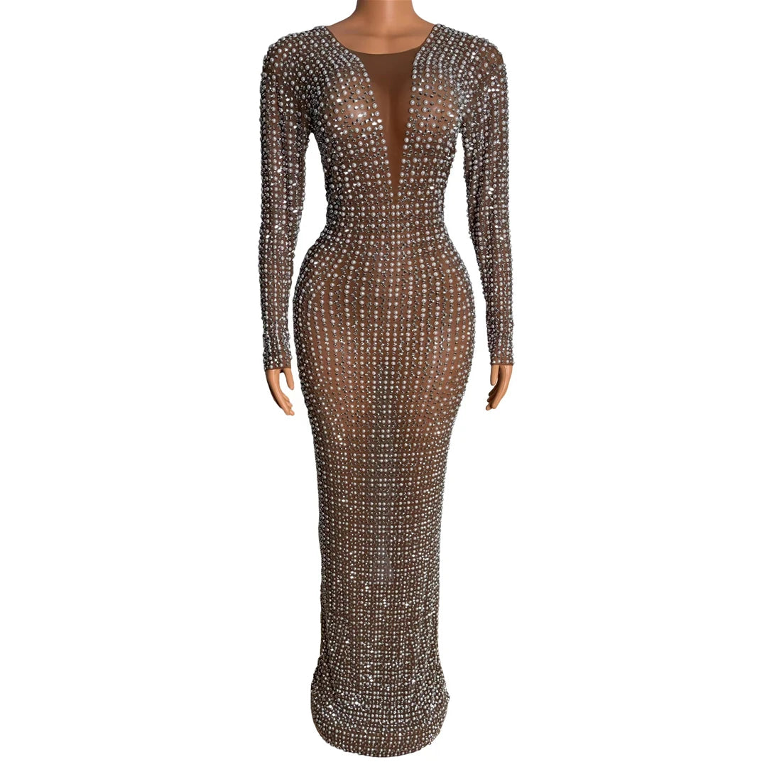 Saias Elegant Long Sleeve Rhinestone Pearls Bridal Wedding Birthday Dinner Gown Sexy Bodycon Maxi Prom Dress Women Evening Dress