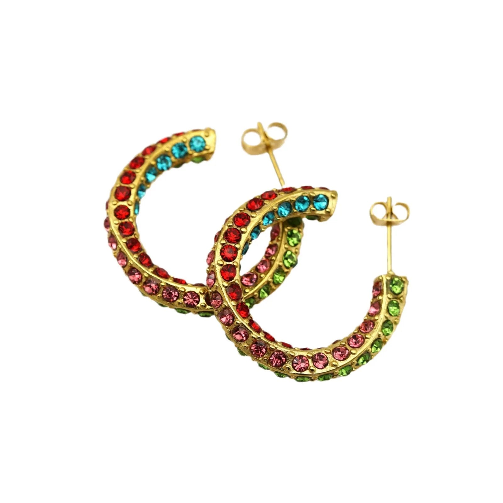 18K Gold Plated C Shape Hoop Earrings New Trendy Creative Stainless Steel Jewelry Colorful Crystal Rhinestone for Unisex