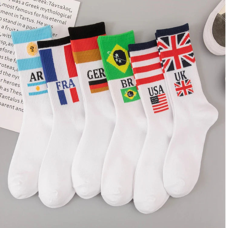 New Fashion Casual British US Flag Star Pattern Cotton Crew Striped Socks Country Flag Men's White Socks