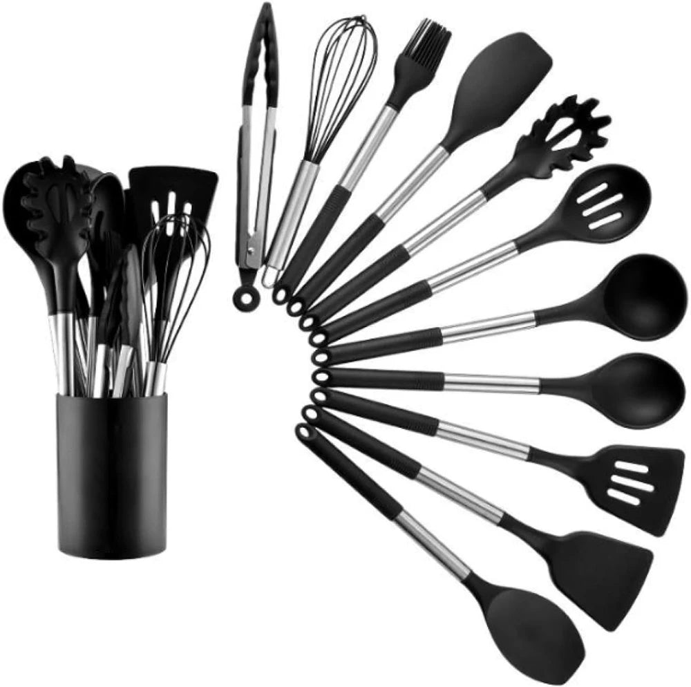 12 Pcs Stainless Steel Handle Ladle Spatula Spoon Turner Tongs Whisk Silicone Utensil with Holder