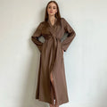 Enyami Lounge Wear Sleepwear Cozy Sleek Satin Long Sleeves Elegant Maxi Casual Night Dress Wrap and Tie Robes Women