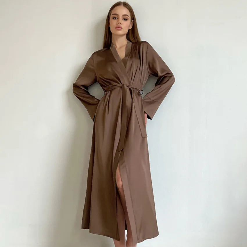 Enyami Lounge Wear Sleepwear Cozy Sleek Satin Long Sleeves Elegant Maxi Casual Night Dress Wrap and Tie Robes Women