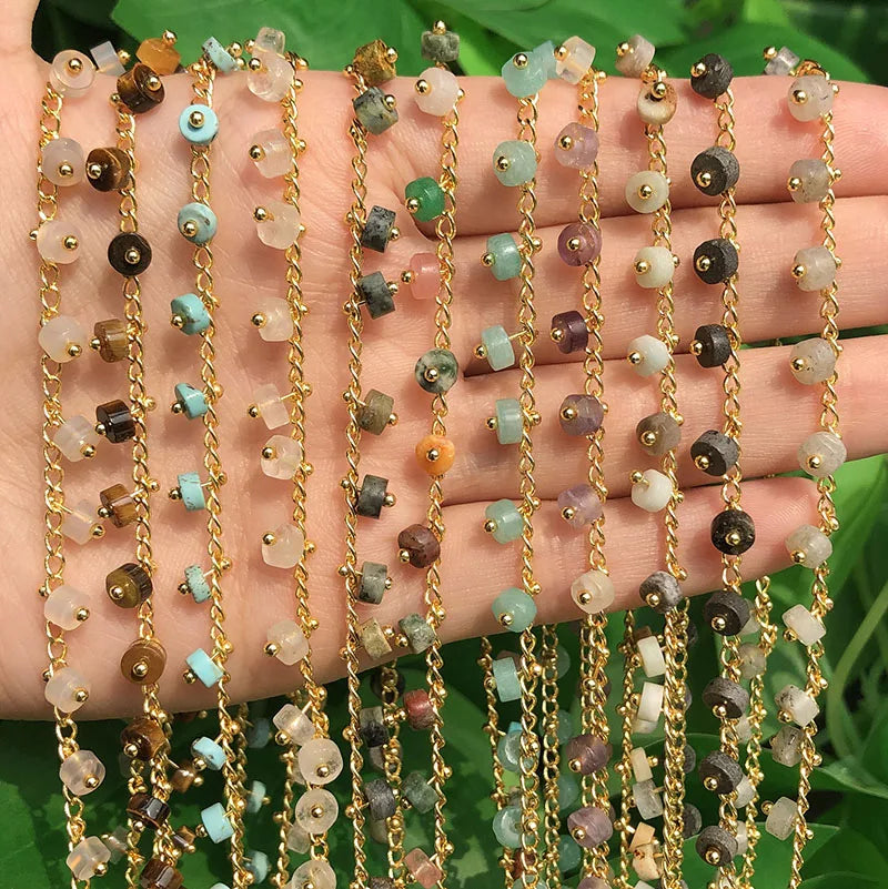 Best Selling 50cm Gold Plated Wire Wrapped Natural Gem Stone Bead Chain for Diy Jewelry Necklace