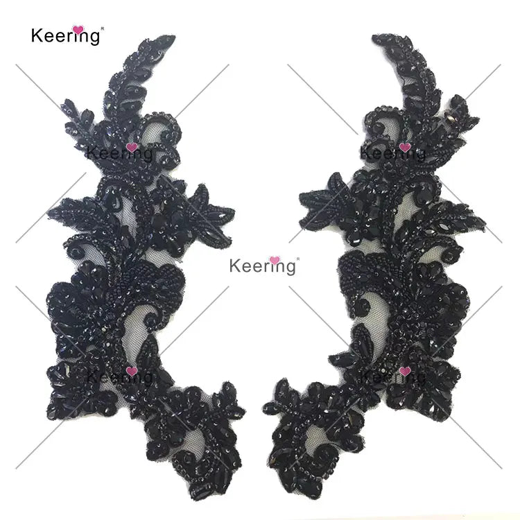 WDPE-056 Keering Silver Clear Beaded Patch Hand Make Padded Rhinestones Flower Sew on Applique for Diy Cloth