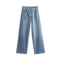 OEM Spring Summer Plus Size Irregular Oblique Collar New Design All-Match Solid Model Women's High Waist Wide Leg Denim Jeans