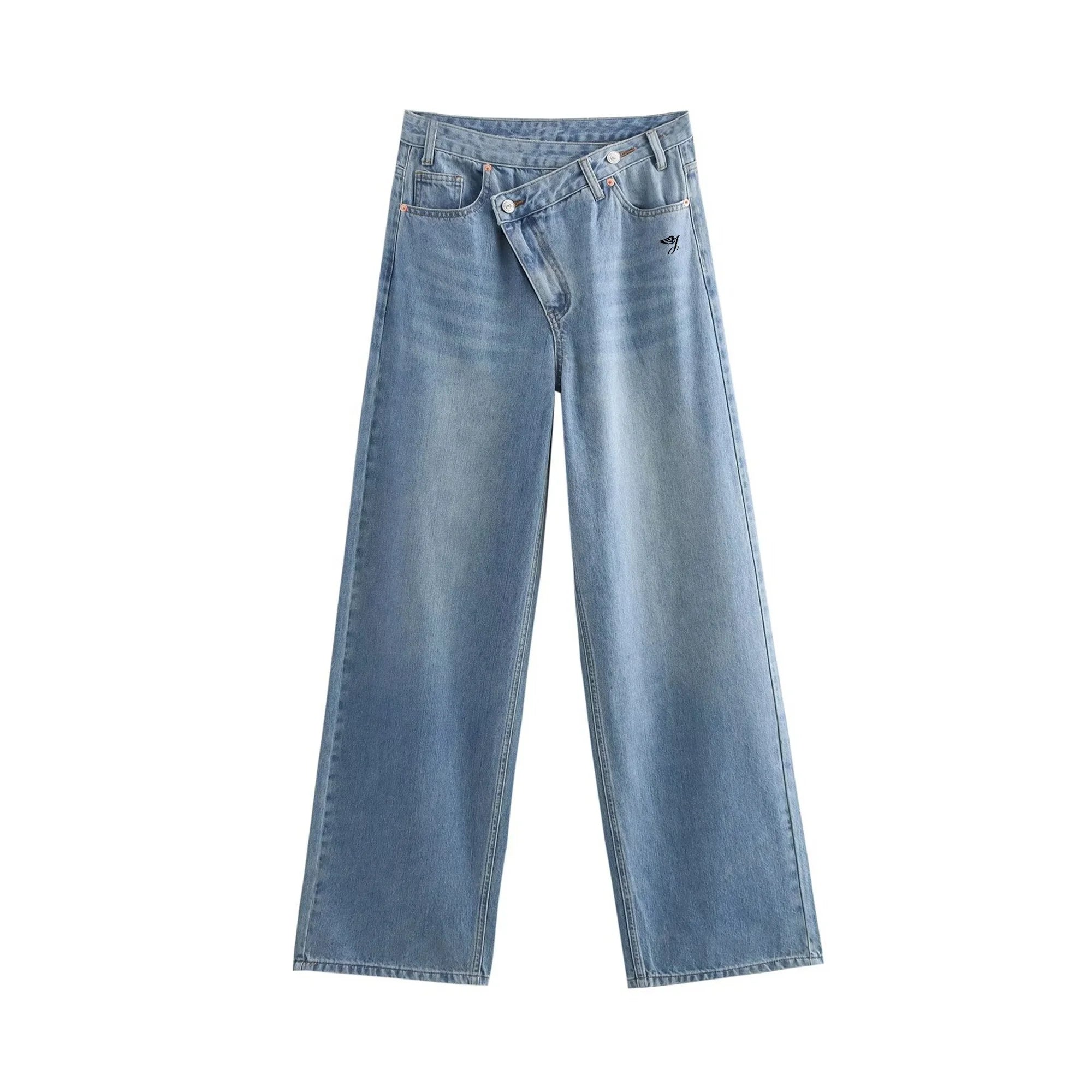 OEM Spring Summer Plus Size Irregular Oblique Collar New Design All-Match Solid Model Women's High Waist Wide Leg Denim Jeans
