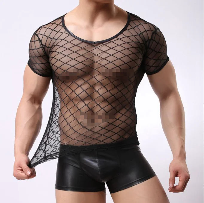 New Men's Diamond Mesh Short Sleeve Fun Underwear Casual Plaid Non Mainstream Men's T-shirt
