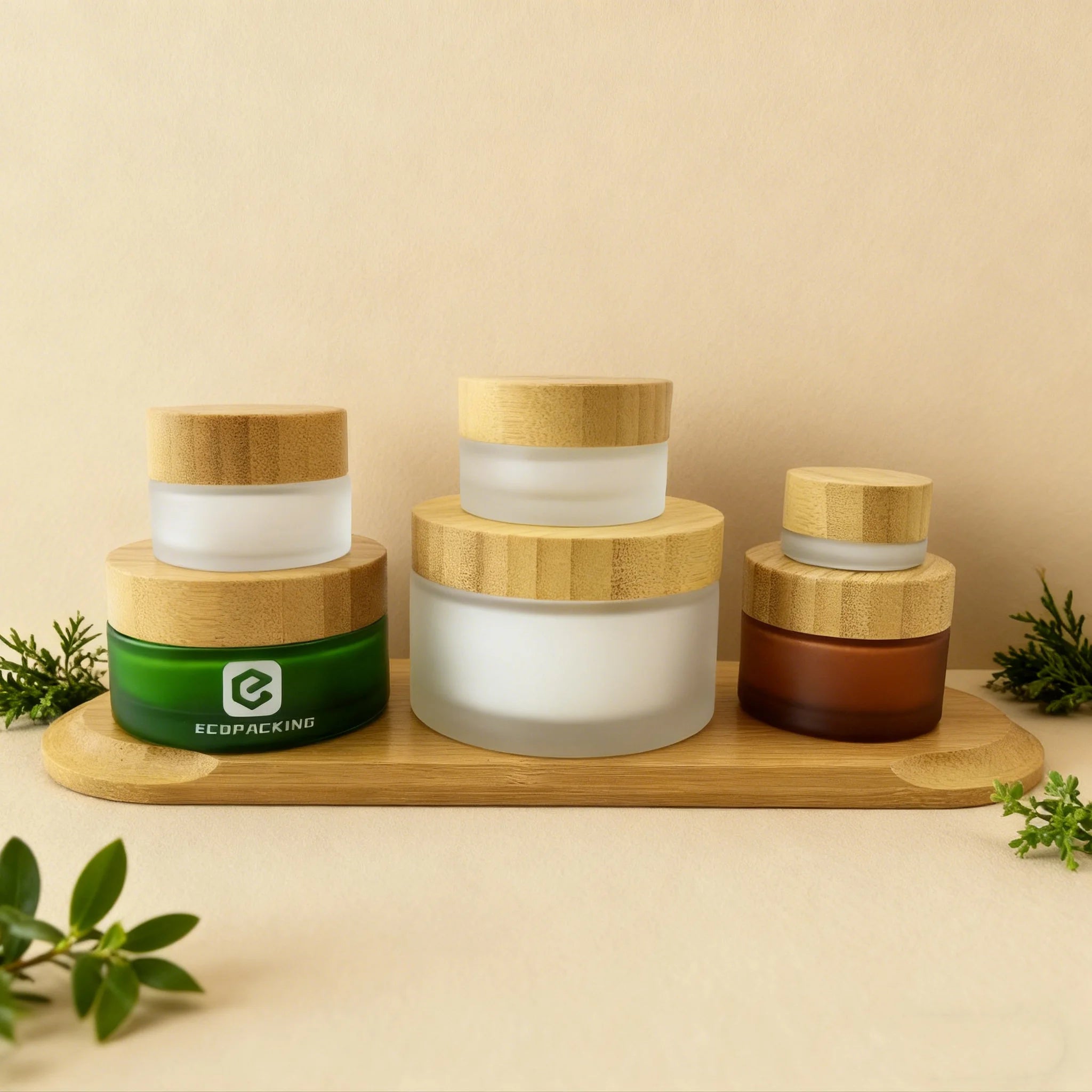 5g 15g 30g 50g 100g 200g 1oz Custom Luxury Amber Green Frosted Glass Skincare Cosmetic Empty Face Cream Jar With Bamboo Lid A888