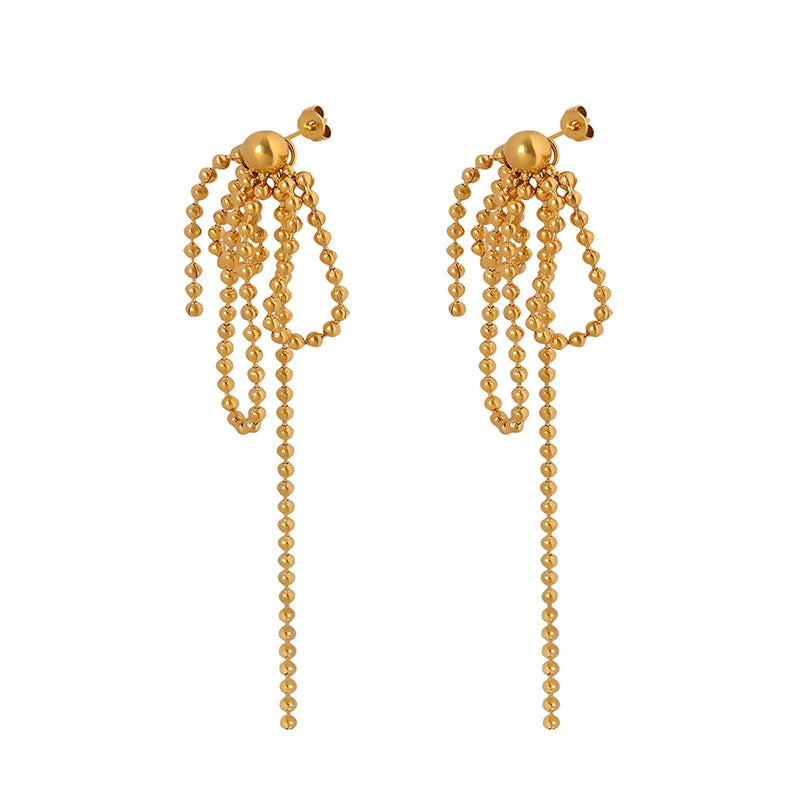 Fashion Chain Earrings Stainless Steel 18K Gold Plated Chain Beads Tassel Pendant Earrings