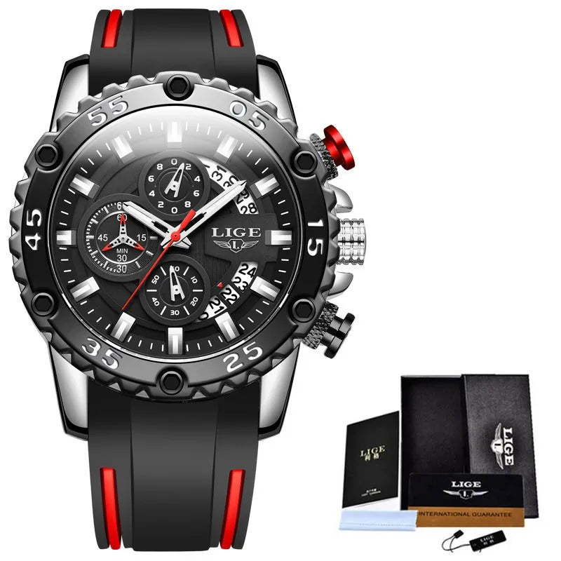 LIGE LG10027 Watch for Mens Silicone Watch Sport 46mm Dial Clock Quartz Watches Men Luminous Waterproof Chronograph + Box