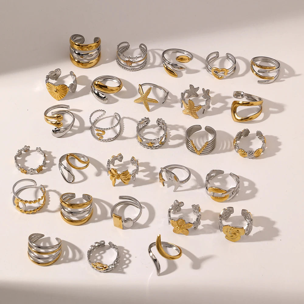 Women's Adjustable Fashion Gold Plated Finger Bands Custom Design Non-Tarnishing Stainless Steel Hypoallergenic Opening Rings
