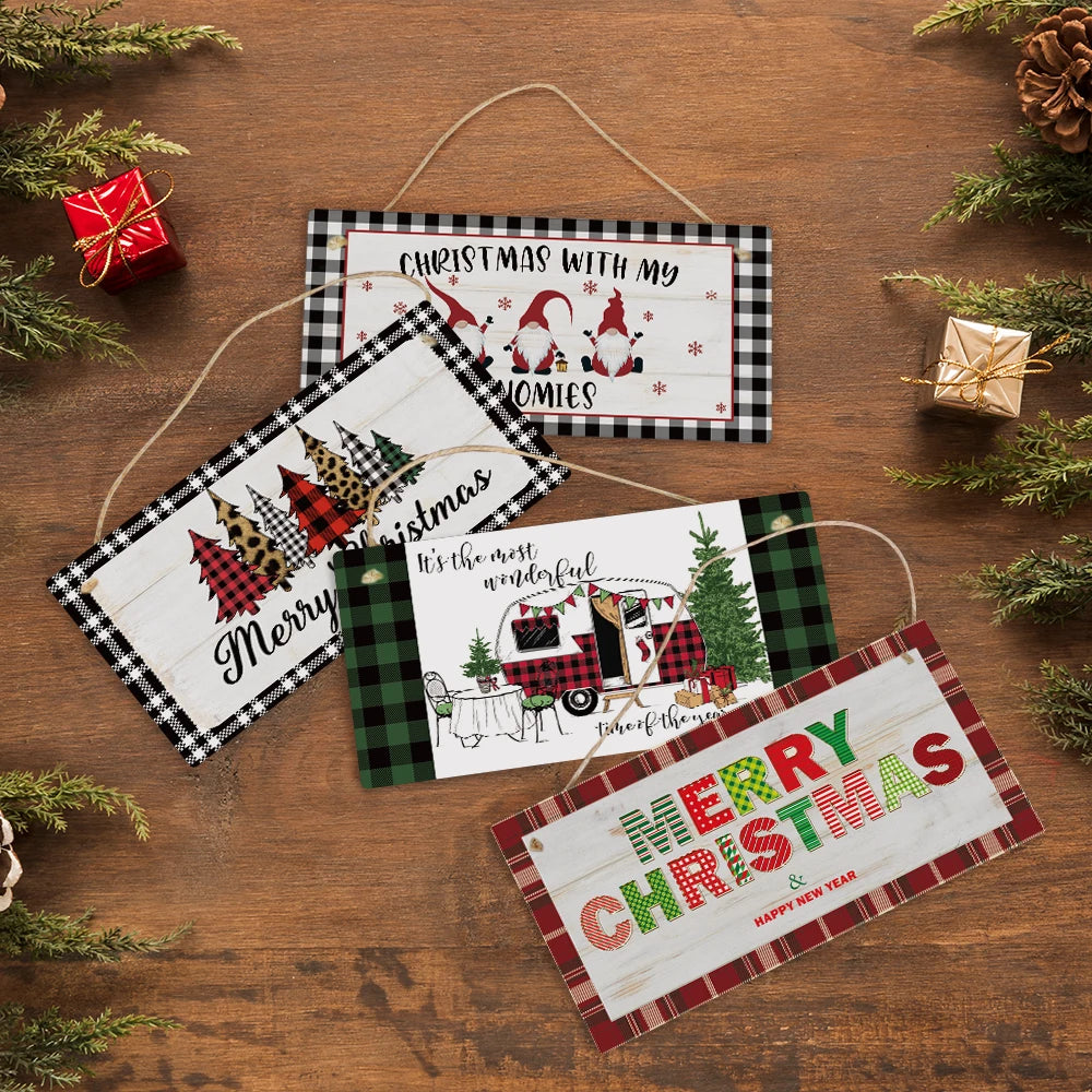 Hot Sale Rectangle Wooden Sign Christmas Design Hanging Wall Wreath Decoration With Snowman and Gnome Design