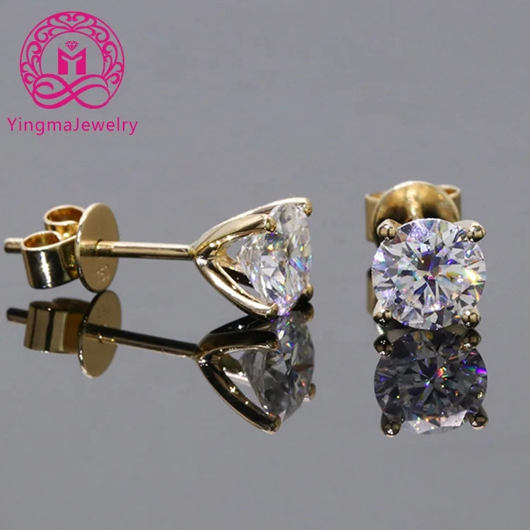 1ct X 2 Round Moissanite Diamond Stud Earrings for Women Simple 4 Claws 18K Yellow Gold Fine Jewelry with GRA Certificate