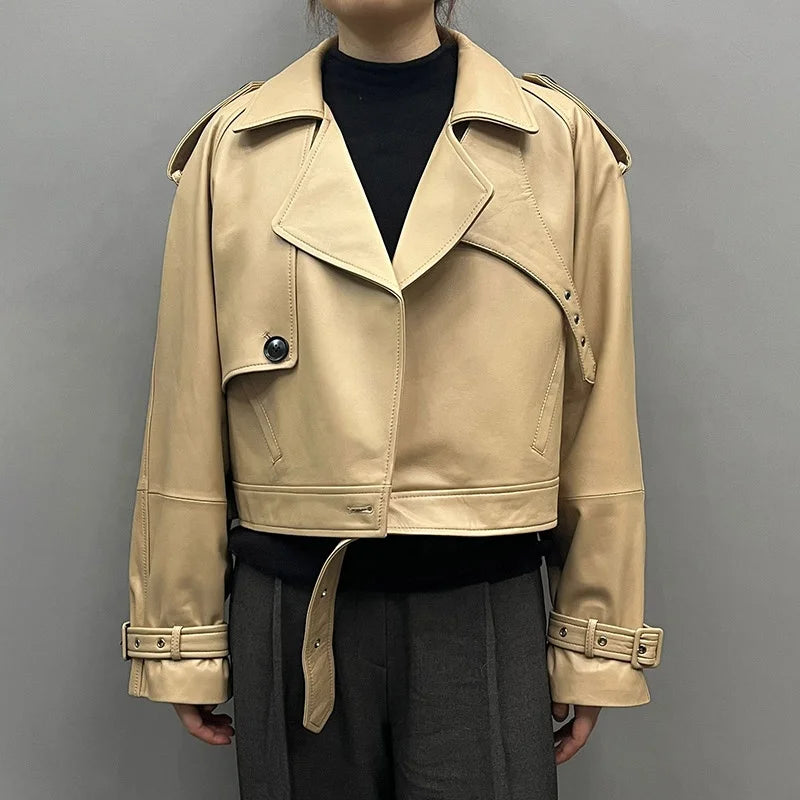 Jancoco Turn Down Collar Loose Leather Coat Women Vintage Cropped Sheep Leather Jacket With Belt