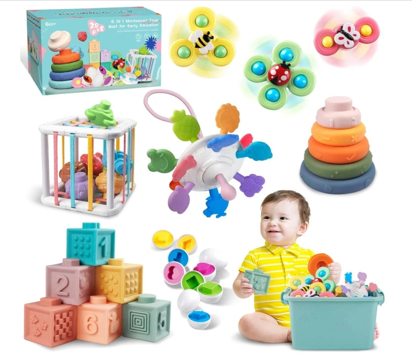 Jiexunda 6 in 1 Baby Toys Montessori Toddler Toys 1 to 3 6 to 12 Monthsbaby Teething Baby Toys Stacking Blocks