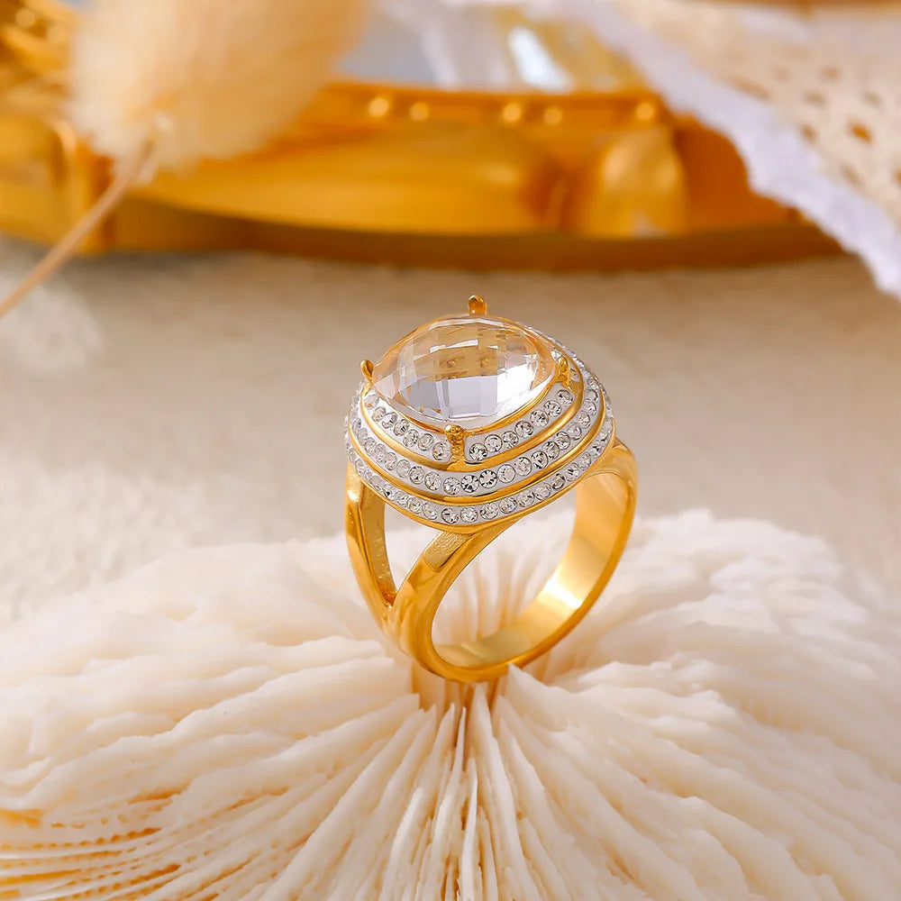 New Geometric Zircon 18K Gold Plated Finger Ring Multilayer Zircon Diamond  Stainless Steel Rings for Women