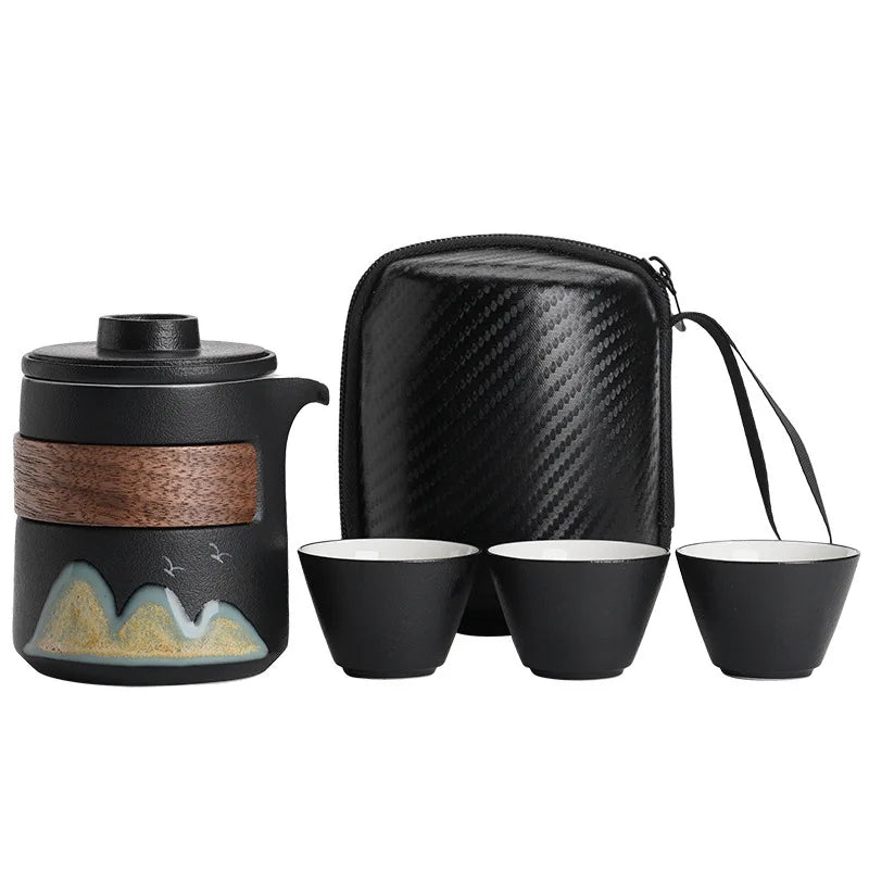 Wholesale Outdoor Portable Travel Tea Set Fast-Moving Cup Kung Fu One Pot Three Cups with Ceramic Portable Bag