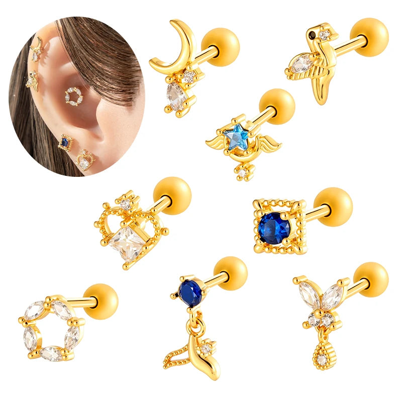 18K Gold Plated Stainless Steel Cartilage Earring Women's Blue CZ Stud Helix Tragus Piercing Animal Butterfly Design for Gift