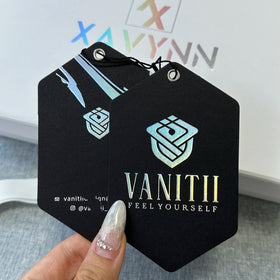 Custom Logo Holographic Foil Thick Paper Cardboard Hang Tags Luxury Shiny Garment Labels for Clothing Brand Packaging