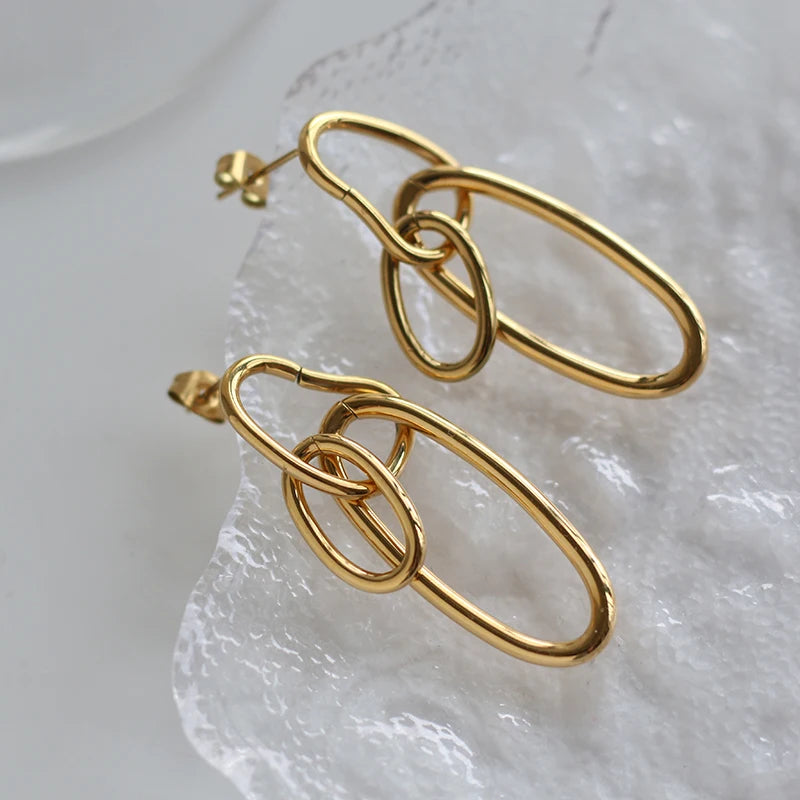 Waterproof Oval Irregular Interlink Steel Gold Drop Earrings Jewelry