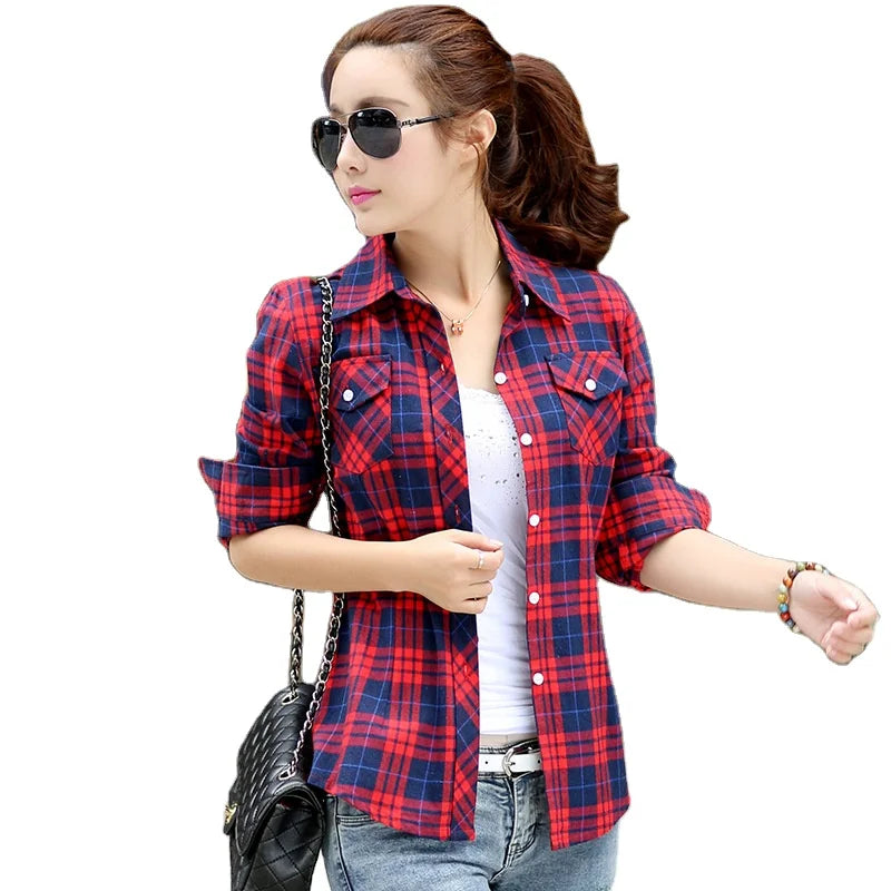 M-5XL New Arrival Women Shirts Button Daily Plaid Shirts Long Sleeve Grid Printed Causal Slim Tops Blouse Clothes Lapel Shirt