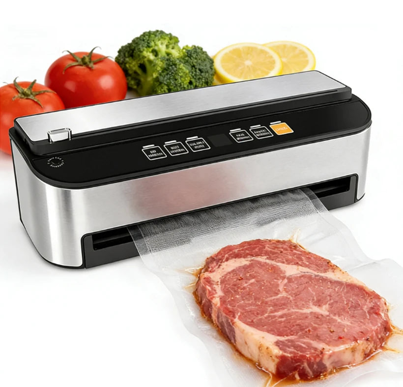 Portable Electric Stainless Steel Vacuum Sealer with Auto Open Close Lid System Roll Holder Countdown Time for Food Storage
