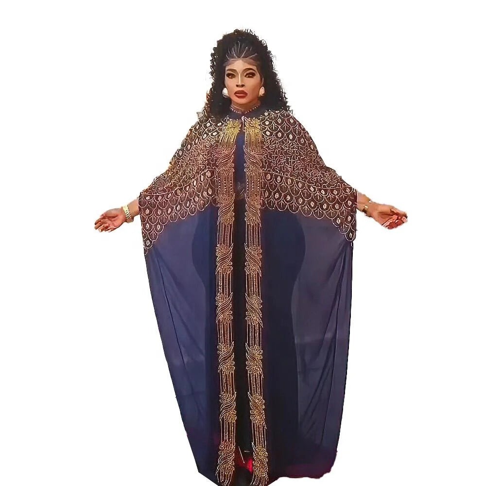 Morden Style Blue  Dresses Design African Rhinestone African Clothing Ethnic Summer Two-piece  Women Dress