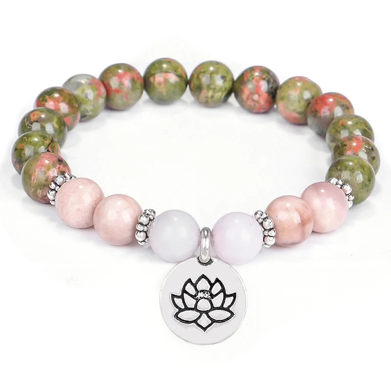 New Bracelet Pink Crystal Sunstone Beaded Elastic Bracelet Hidden Silver Accessories Lotus Pendant Yoga Bracelet