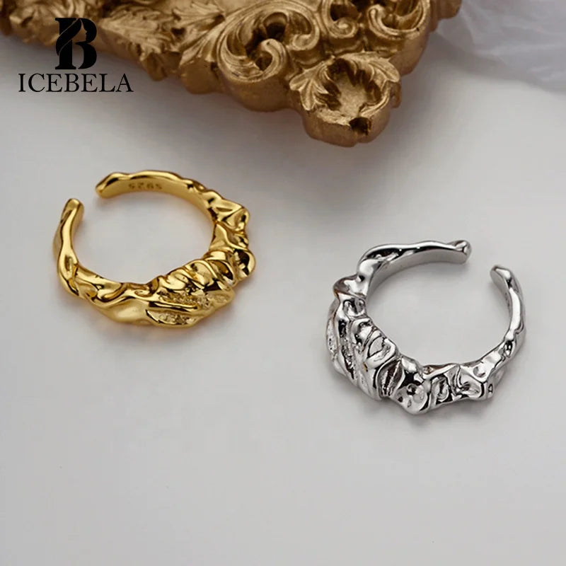 ICEBELA Jewelry Korean Version Simple Niche Design Ring Sterling Silver S925 Irregular Hammer Texture Index Finger Ring Female