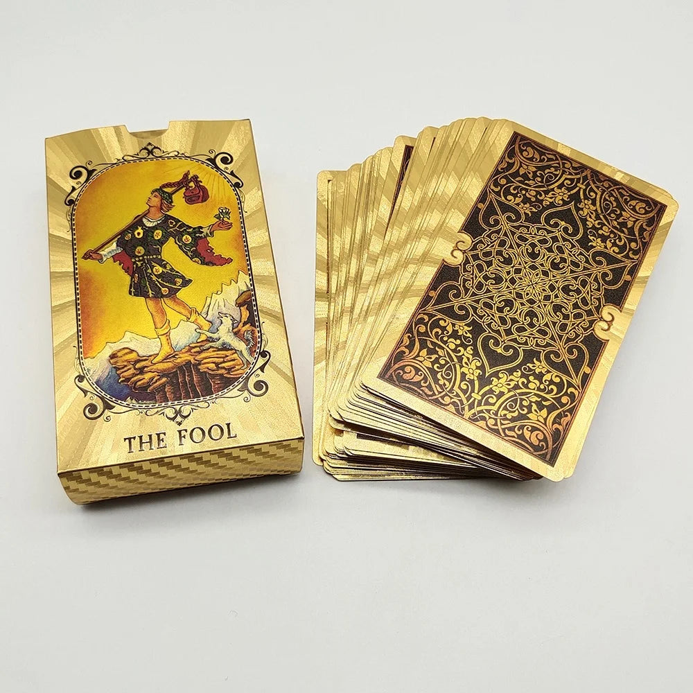 Terrific Portable Gold Plastic Tarot Cards Marvellous Waterproof Astrology Oracle Deck Booklet for Predictive Divination Board