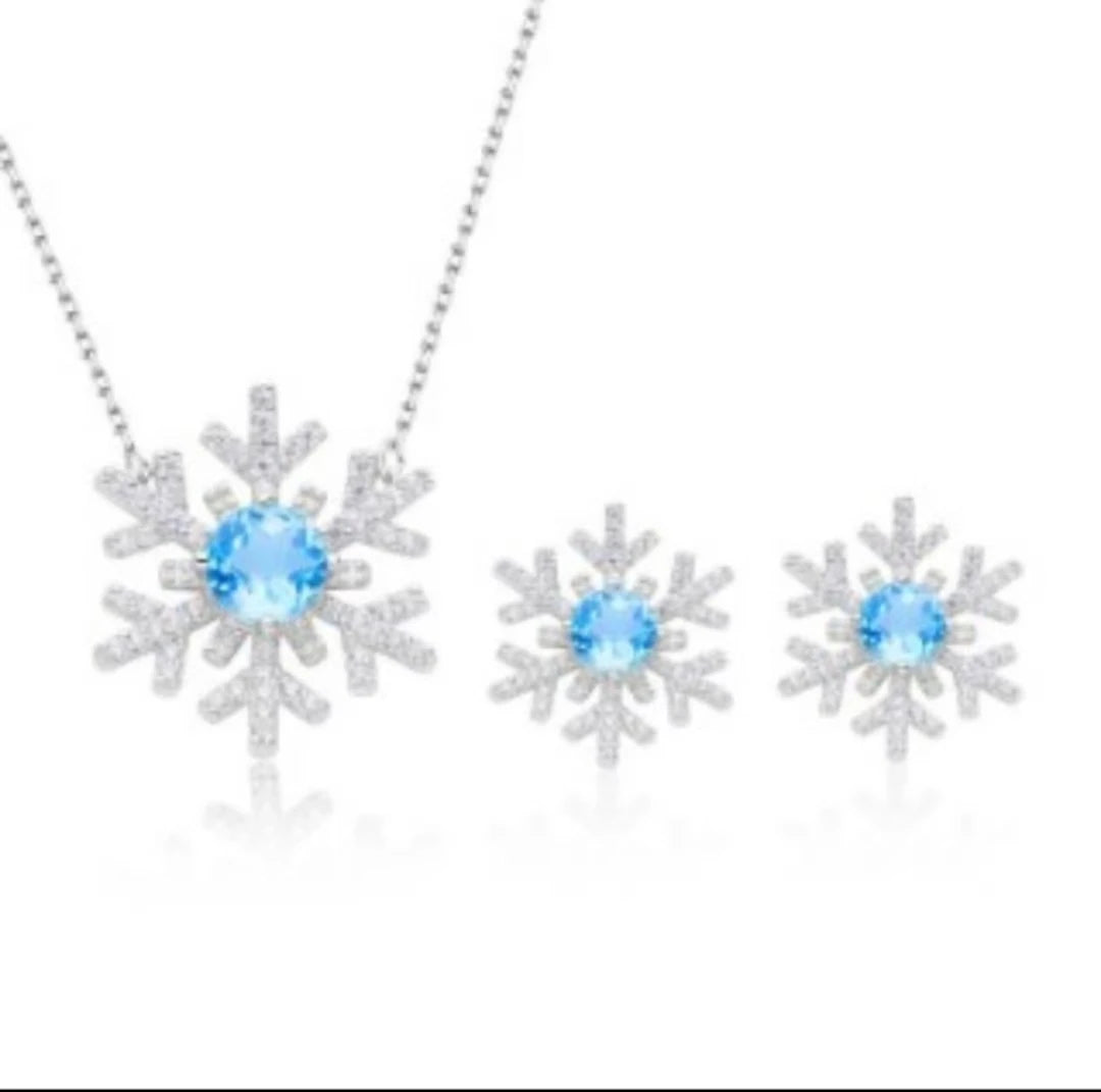 SNOWFLAKE S925 Silver Plated White Gold Mystic Blue Topaz Stone Necklace Earrings Set for Party or Gift 925s Jewelry Set