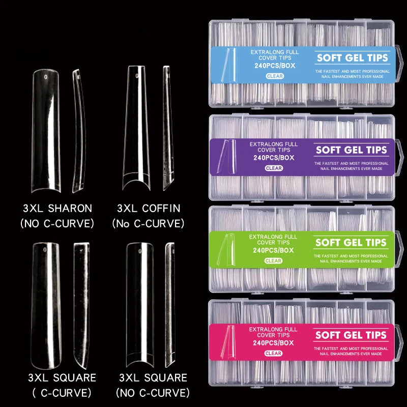 EYL 3XL Custom 240pcs High Quality Eco Friendly Acrylic Soft Gel Half Full Cover clear Nails Tips with Boxes