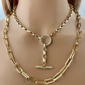NM42707 18k Gold Plated Paperclip Chain Belcher Rolo Chain Drop CZ T Bar CZ Spring Clasp Stacking Necklace