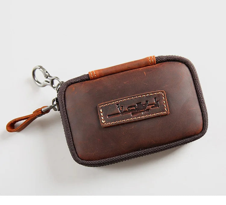 New Arrival Vintage Genuine Crazy Horse Leather Card Holder Pouch Short Zipper Coin Purse with Keychain Open Closure Type