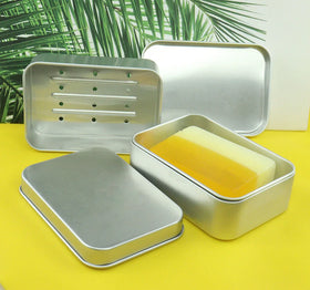 Custom Logo Empty Container Rectangle Aluminium Soap Dish Tin Case with Lid Eco-Friendly Bathroom Drain Layer Soap Box