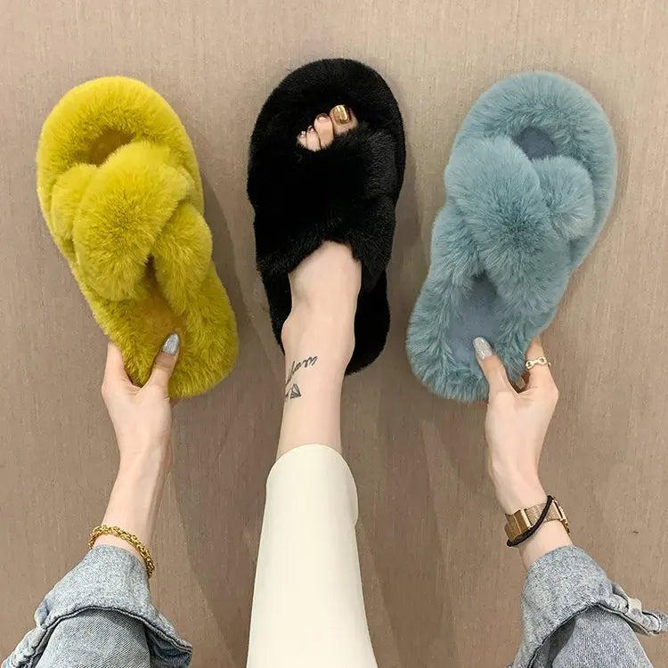 Ladies Winter Home Slippers Shoes Cross Soft Plush Furry Female Open Toe Slides Women Warm Faux Fur Slippers
