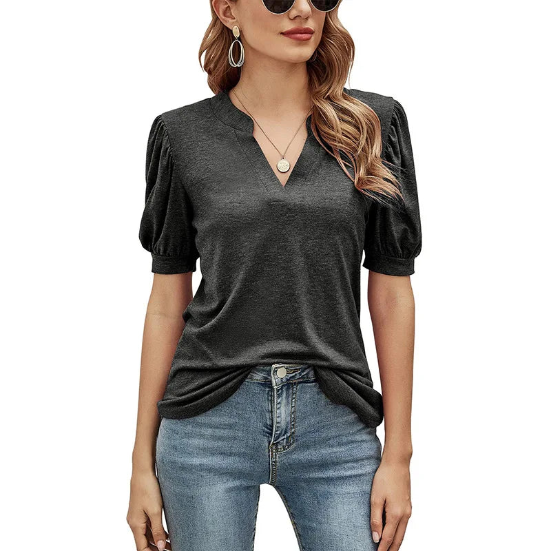 FEIBAI 205 Summer T-Shirt for Women Loose Casual V-neck Short-sleeved Customized LOGO Hot Selling Solid Color Mesh Anti-Pilling