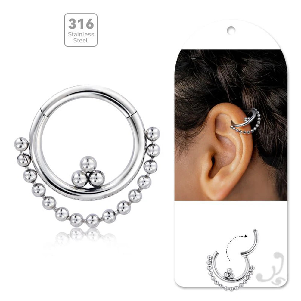 Evorte 316L Stainless Steel Gold Plated Thread Nose Ring Hinged Segment Clicker Piercing Jewelry Nasal Nostral Hoop Barbell Ball