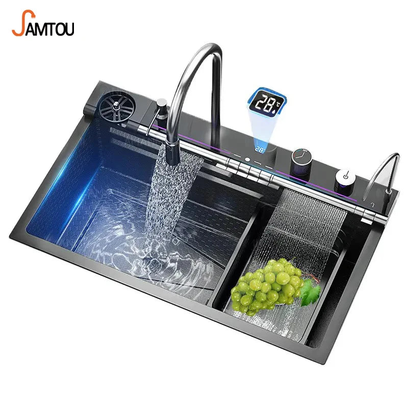Luxury Steel Single Bowl Undermount Kitchen Sink Bowl Kitchen 304 Stainless Steel Apron Front Sink Kitchen Led Waterfall Faucet