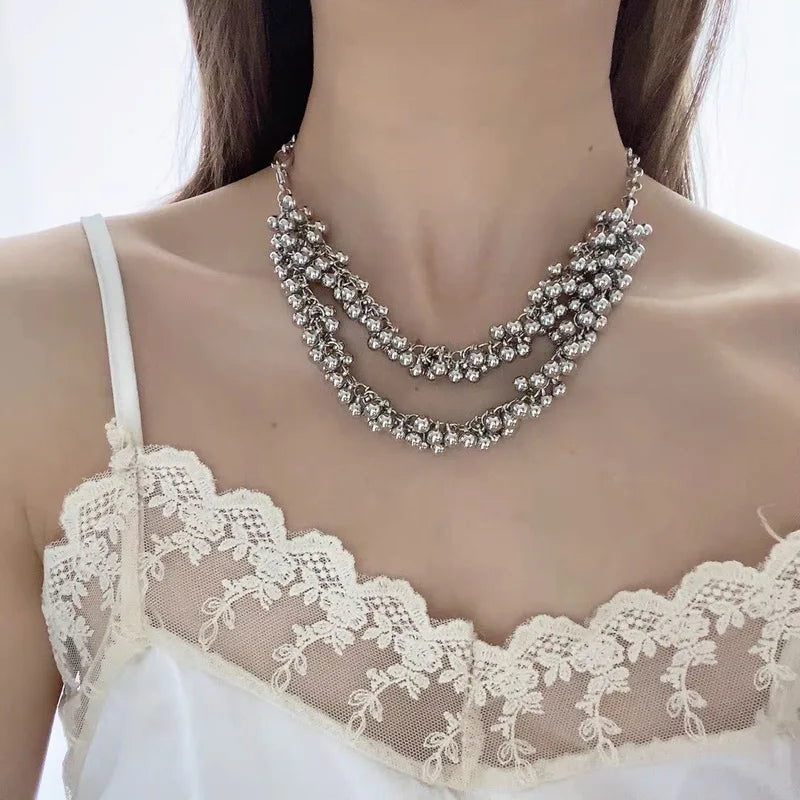 N&S European Style Blogger Metal Ball Necklace with Cold Breeze Double Crescent Chain Lock Stainless Steel Jewelry