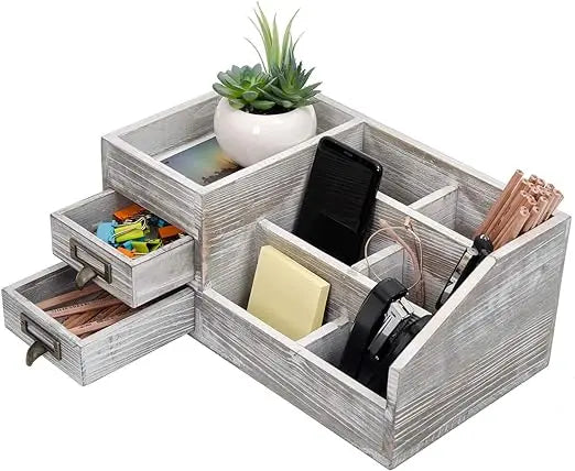 Old Rustic Wooden Office Desktop Storage Box Home Storage Box Multiple Layers 2 Drawers Eco-Friendly 34.6x20.9x16.4CM