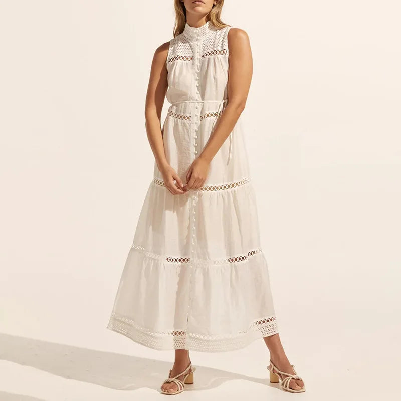 Banquet Evening Sleeveless Vest Dresses 2025 Spring Stand-Up Collar Single-Breasted Button-Up Tie Hollow Embroidery Dress