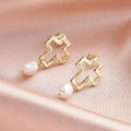RINNTIN GPE106 14k Gold Plated Hollow Cross 925 Sterling Silver Women Vintage Religious Baroque Freshwater Pearl Drop Earrings