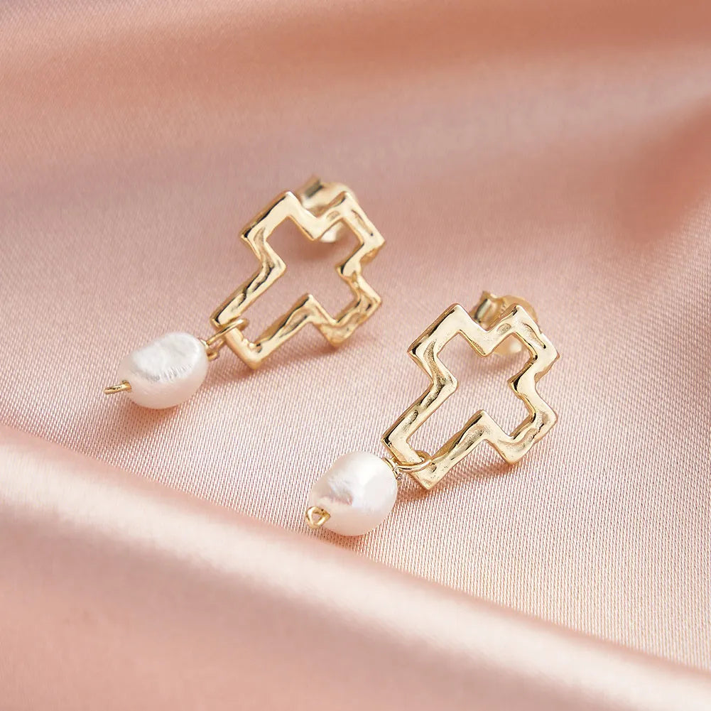 RINNTIN GPE106 14k Gold Plated Hollow Cross 925 Sterling Silver Women Vintage Religious Baroque Freshwater Pearl Drop Earrings