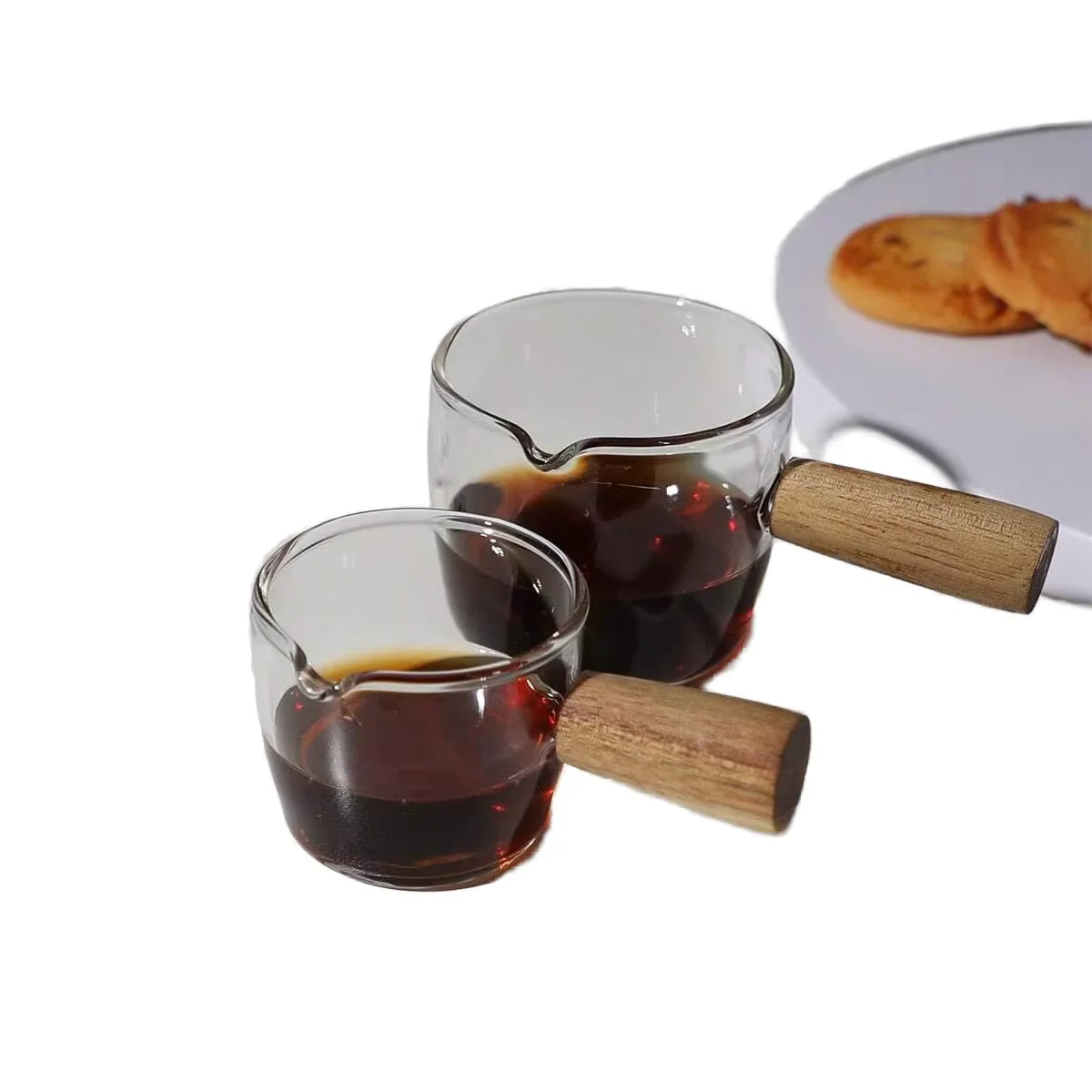 Japanese Style 50ml 100ml Mini Glass Pot Sauce Ladle Milk Foam Spoon with Spout Wooden Handle Glass Espresso Tool